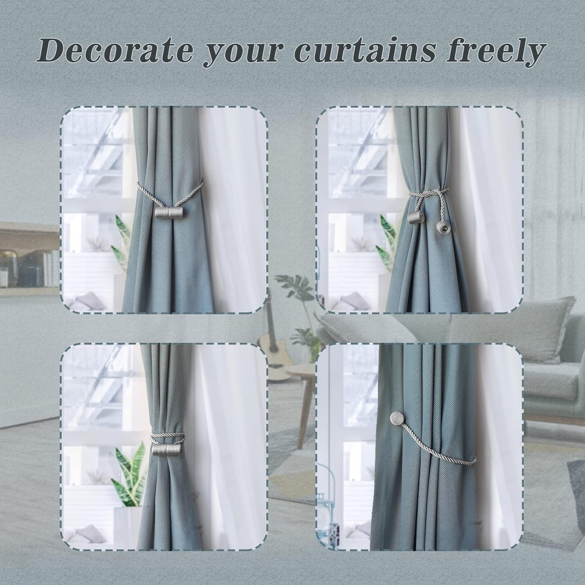 Hion Magnetic Curtain Tiebacks Gray Blue 6 Pack, Curtain Tiebacks Buckles Holdbacks Holders Hooks Clip for Home Bedroom Office Decorative Thick or Thin Curtain