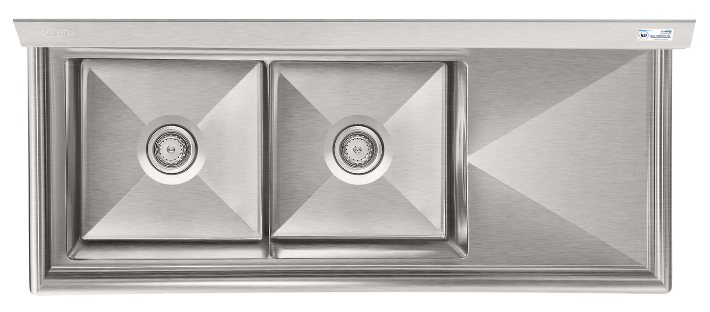 KoolMore 57 in. 18-Gauge 2-Compartment Commercial Sink with Backsplash and 18 in. Right Drainboard, Bowl Dimensions 18"x18"x14" in Stainless-Steel (KM-SB181814-18R3)