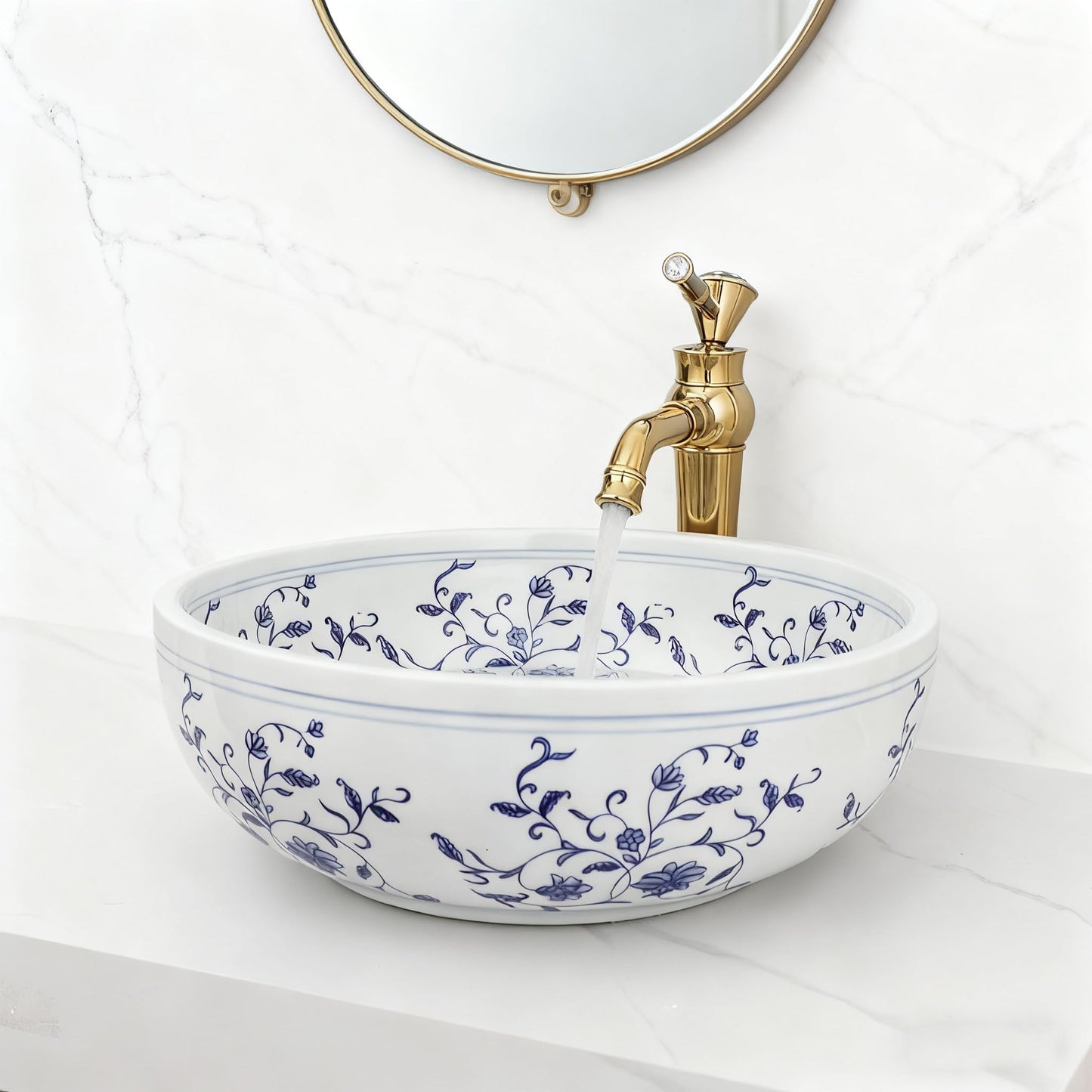 OUBONI 16 Inch Bathroom Vessel Sink, Blue and White Porcelain Ceramic Vessel Sink with Gold Faucet and Pop-up Drain Combo, Round Ceramic Bathroom Sink with Flower, Artistic Sink Bowl Above Counter