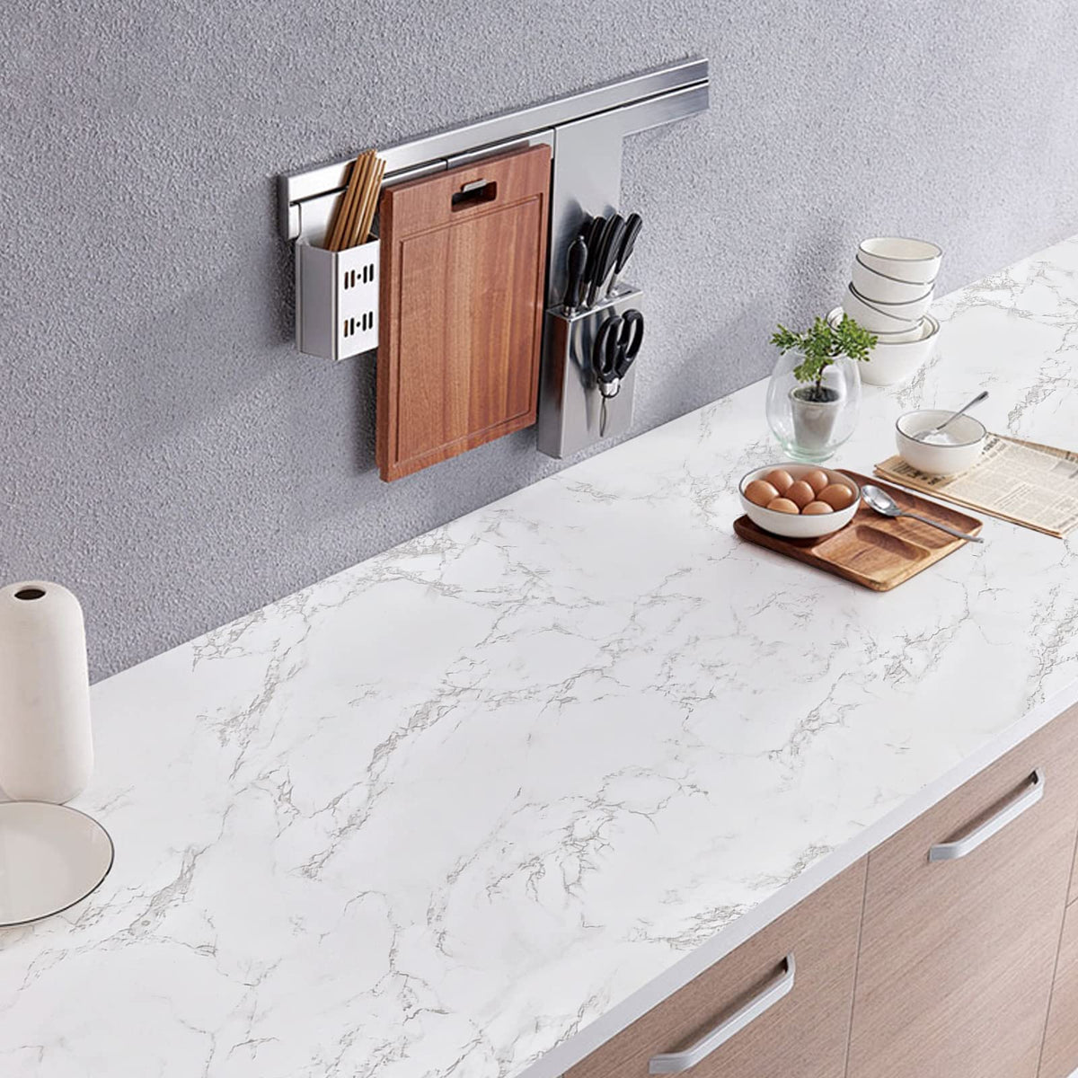 practicalWs Marble Paper Granite Gray/White Roll Kitchen Countertop Cabinet Furniture is Renovated Thick PVC Easy to Remove 17.71" x 393.7"