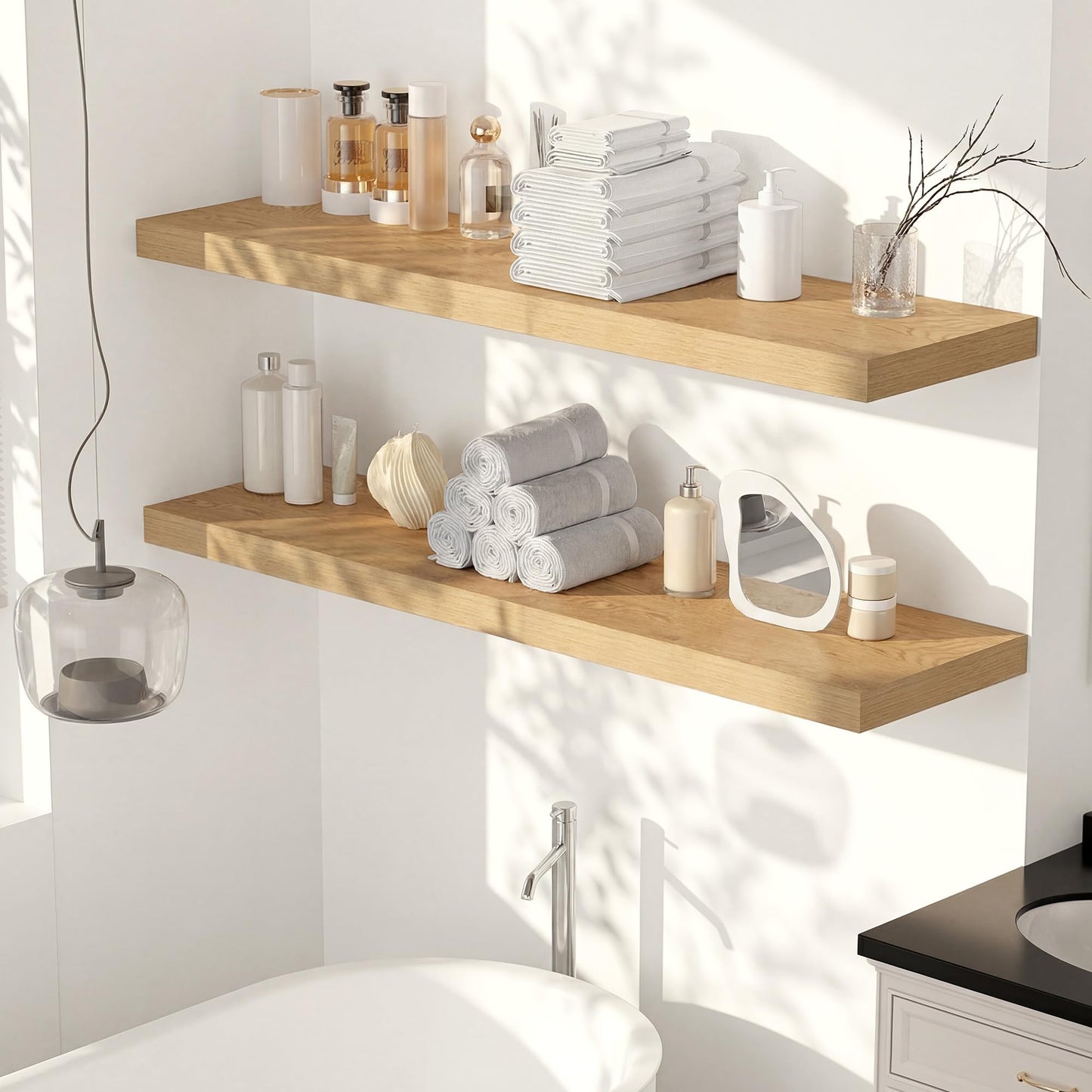 Heimlove 12" Deep Floating Shelves, 36 x 12 Inch Wall Mounted Long Floating Shelf with Invisible Brackets, for Home Decor, Bedroom, Kitchen, Living Room, Bathroom - 1 Pack, Oak