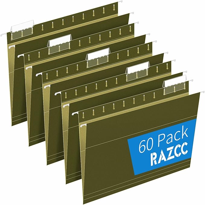 Hanging File Folders, RAZCC 60 Pack Reinforced Hanging Folders Letter Size, Designed for Bulky Files, Filing Cabinet, Adjustable Tabs, Green