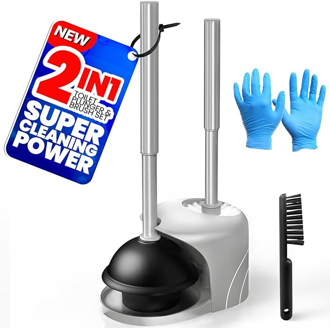 2 in 1 Toilet Brush and Plunger Set, Extended Handle Plunger,Toilet Bowl Brush Plunger Set,Bathroom Cleaning Tools,Cleaning Brush,Cleaning Supplies,Toilet Brush Plunger Combo,Dark Grey