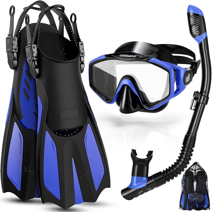 Odoland Snorkel Set, Adults Snorkeling Packages with Dry Top Diving Mask, Adjustable Swim Fins, Mesh Bag, Anti-Fog Anti-Leak Snorkeling Gear for Men Women