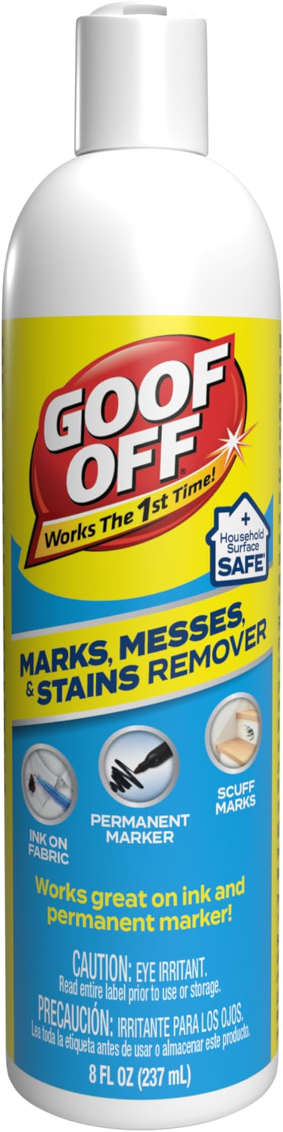 Goof Off Marks, Messes & Stains Remover, 8 fl. oz. Spray, Household Surface Safe, Removes Spots and Stains from Plastics, Fabric, and Clothing, Ideal for Households with Kids