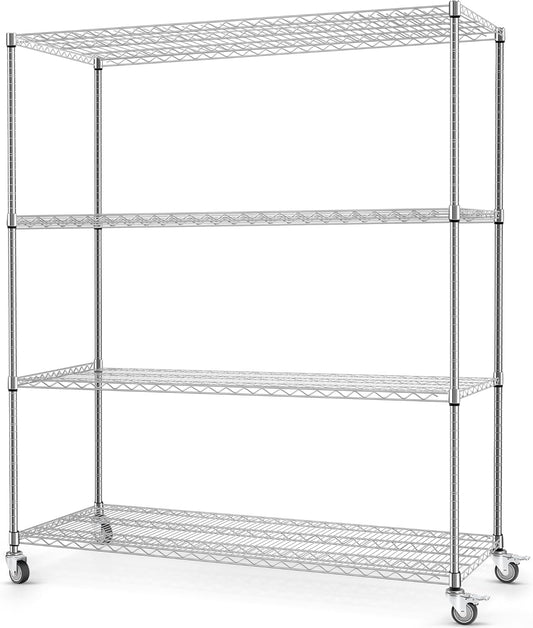 Rengue 60" W Storage Shelves with Wheels 4-Tier Heavy Duty Wire Shelving 72" H x 24" D Large Metal Storage Rack with Adjustable Garage & Pantry Shelves, 3200 LBS Commercial Grade, Chrome, Silver