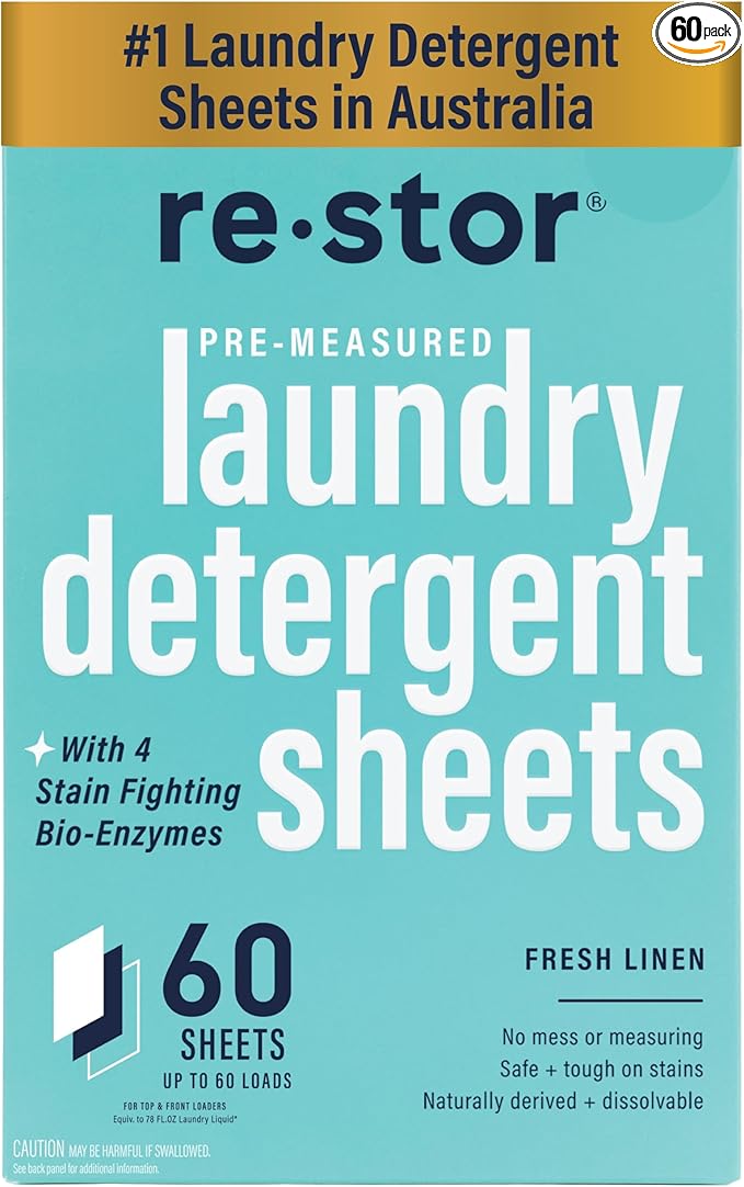 restor Laundry Detergent Sheets Fresh Linen 60 Loads | Eco Friendly Plastic Free Travel Laundry Washer Sheets | Superior Stain Fighting Washing Detergent sheets Number One in Australia