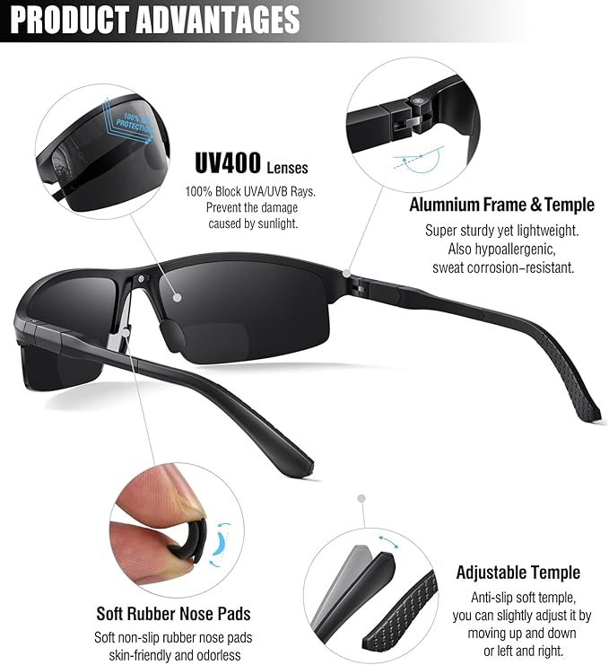 SKYOAK Sports Bifocal Reading Sunglasses Men Wrap Around UV 400 Protection Aluminum Frame Glasses Spring Hinge Semi Rimless Sun Readers Built In Driving/Running/Fishing Black,3.0