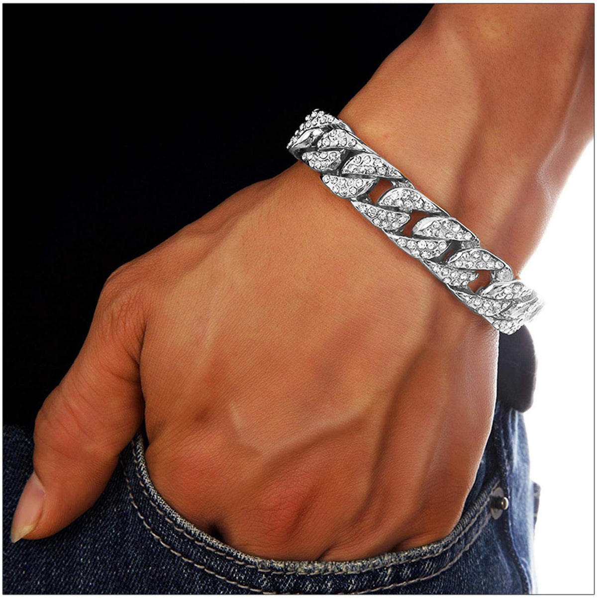 Aiyo Nice Mens Womens Cuban Link Bracelet Hip Hop Bracelet Stainless Steel Chain Bracelet Iced Out Curb Cuban 18k Gold Plated Bracelet With Clear Rhinestones (A-Silver)