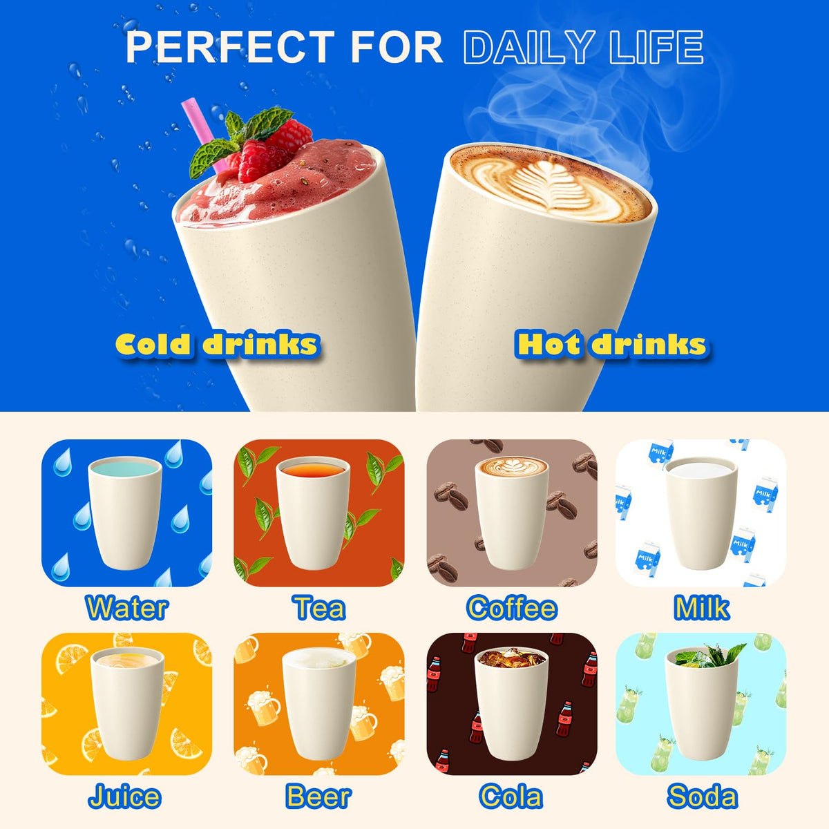 Perlapoc Wheat Straw Unbreakable Cups, Large Cups 20 OZ Set of 6, Alternative to Plastic Cups Reusable, Dishwasher Safe Tumblers & Water Glasses for Kitchen, Parties, Camping, RV, Beige