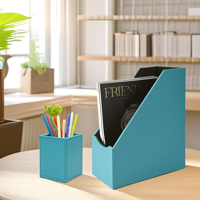 UnionBasic Magazine File Holder, Leatherette Desktop Document Organizer, Home Office Paper Holder File Storage Literature Sorter, Peacock Blue