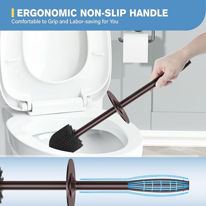 UPTRONIC Toilet Brush, Aluminum Alloy Toilet Brush and Holder Set with Extra Long Handle Durable Bristles Toilet Bowl Brush and Covered Holder for Toilet Scrubber for Bathroom Cleaning(Brown)