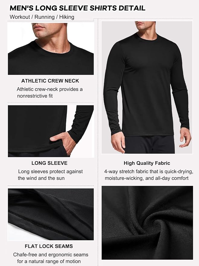 Men's 1, 3 or 5 Pack Performance Long Sleeve T-Shirts, UPF 50+ Sun Protection Shirts, Athletic Gym Workout Shirts for Running