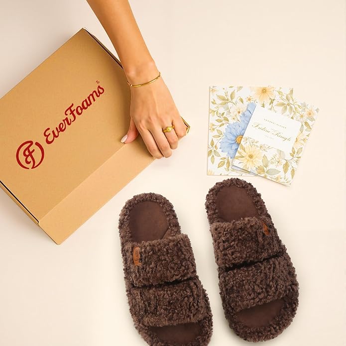 EverFoams Womens Fuzzy Open-toe Slippers Soft Comfy Memory Foam Indoor House Shoes