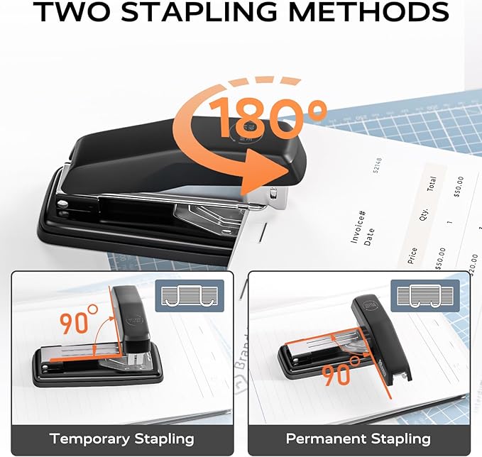 Desktop Stapler, Swing-Arm Swivel Stapler, 50 Sheet Capacity, 2000 Staples and Staple Remover, Rotatable Heavy Duty Staplers for Office, Home, Classroom, Booklet, Book Binding,Black