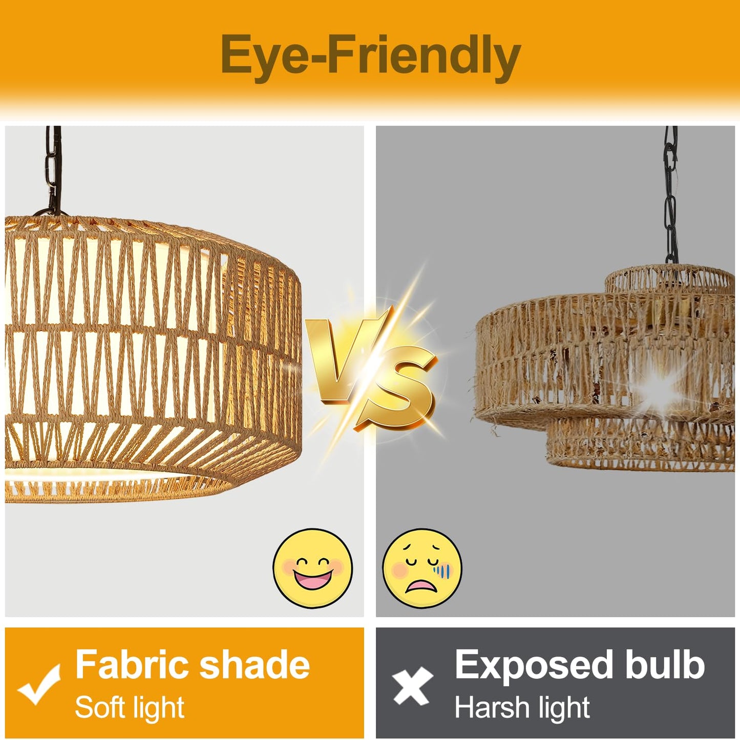 Farmhouse Chandelier Light Fixture, 5-Light Rattan Boho Chandeliers for Dining Room, Hand Woven Pendant Light with Linen Shade, Rustic Hanging Lighting for Kitchen Island, Bedroom (Bulb Not Included)