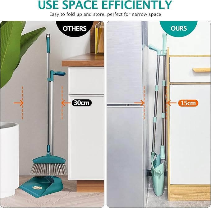 XXXFLOWER Broom and Dustpan Set with Cleaning Teeth, 55" Long Handle Indoor Sweeping Combo for Home Office Kitchen, Bluish Green