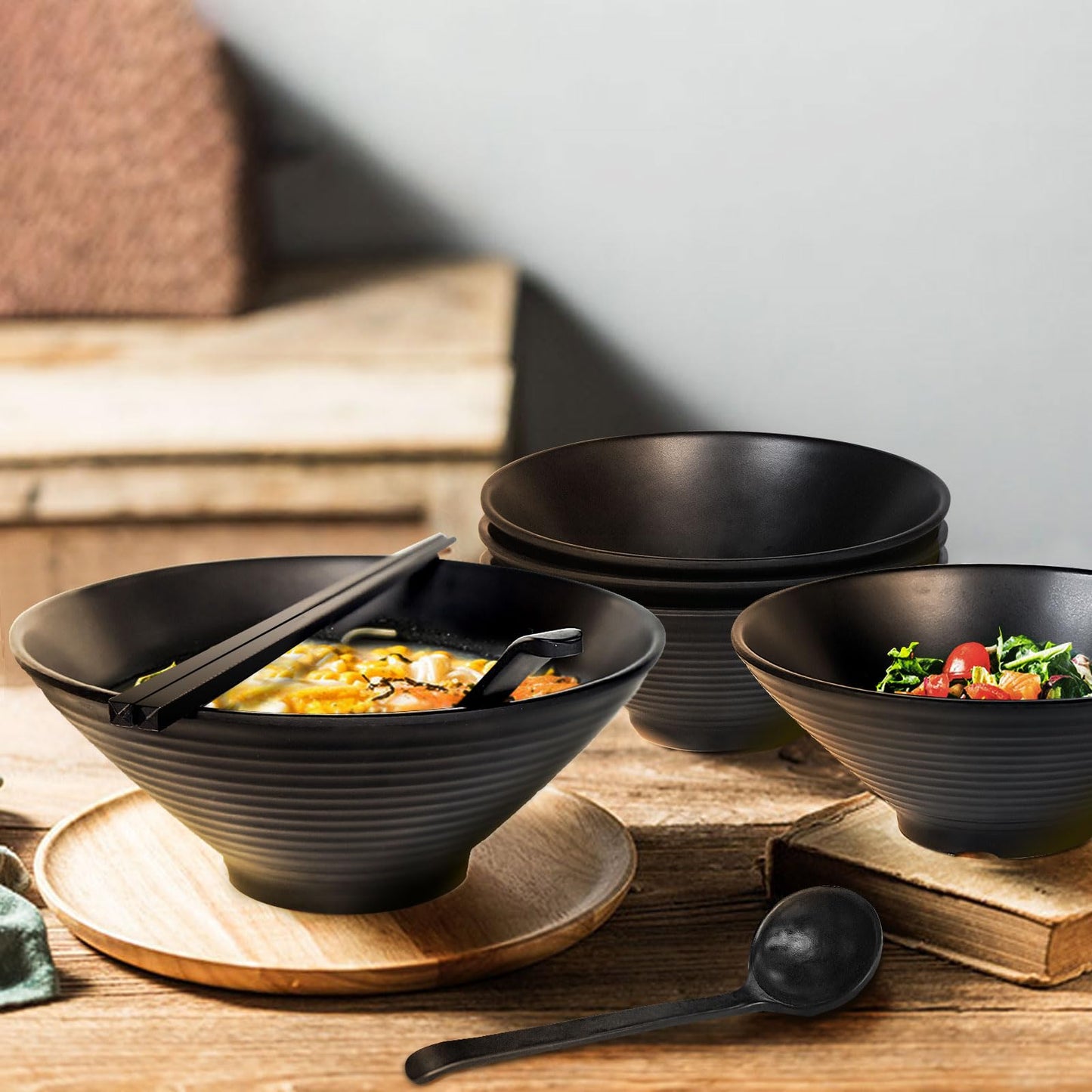 Greentainer 54oz Ramen Bowl Set of 4, Melamine Large Japanese Style Noodle Soup Bowls Set with Spoons and Chopsticks for Udon, Pho, Noodles, Pasta, 10" Asian Dishes Black Large Bowl | Dishwasher Safe