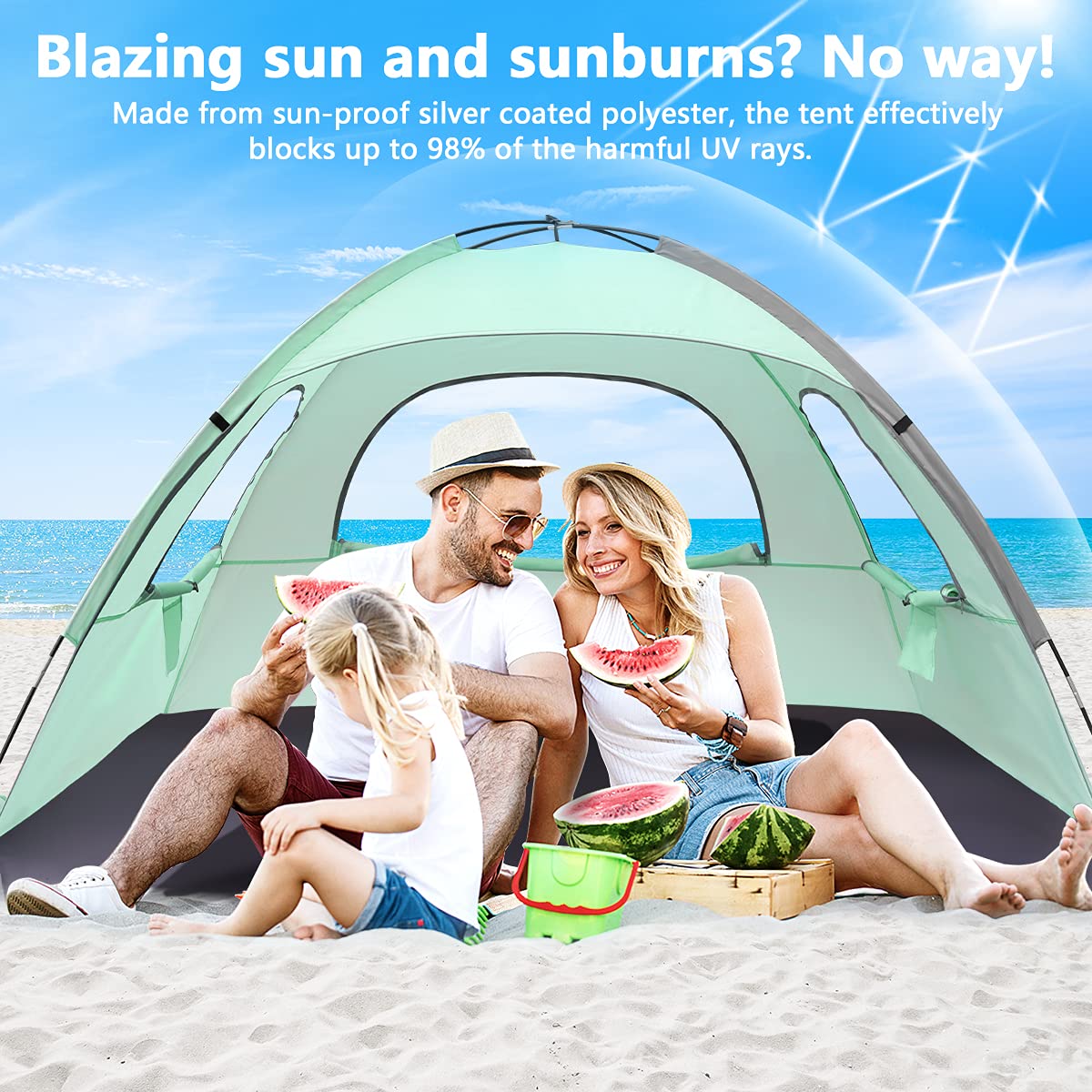 NXONE Beach Tent Sun Shade Shelter for 2-3 Person with UV Protection, Extended Floor, 3 Mesh Roll Up Windows & 8.0mm Fiberglass Rods丨Carry Bag Included (Mint Green)