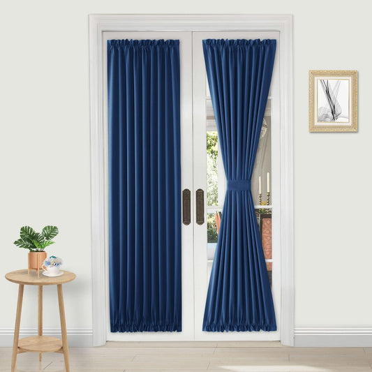DWCN French Door Curtains – Rod Pocket Thermal Blackout Curtain for Doors with Glass Window, Kitchen and Patio Doors for Privacy, 25 X 72 Inches Long, 1 Curtain Panel with Tieback, Classic Blue