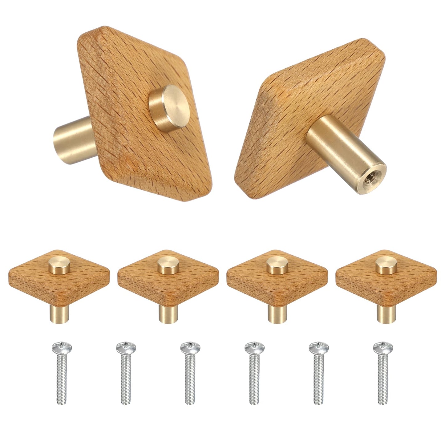 uxcell 6 Pcs Wood Cabinet Knobs, 2.2 Inch Rhombic Single Hole Wooden Drawer Knobs Mushroom Shape Handle Pulls with Screws for Furniture Closet Dresser, Copper Wood Color