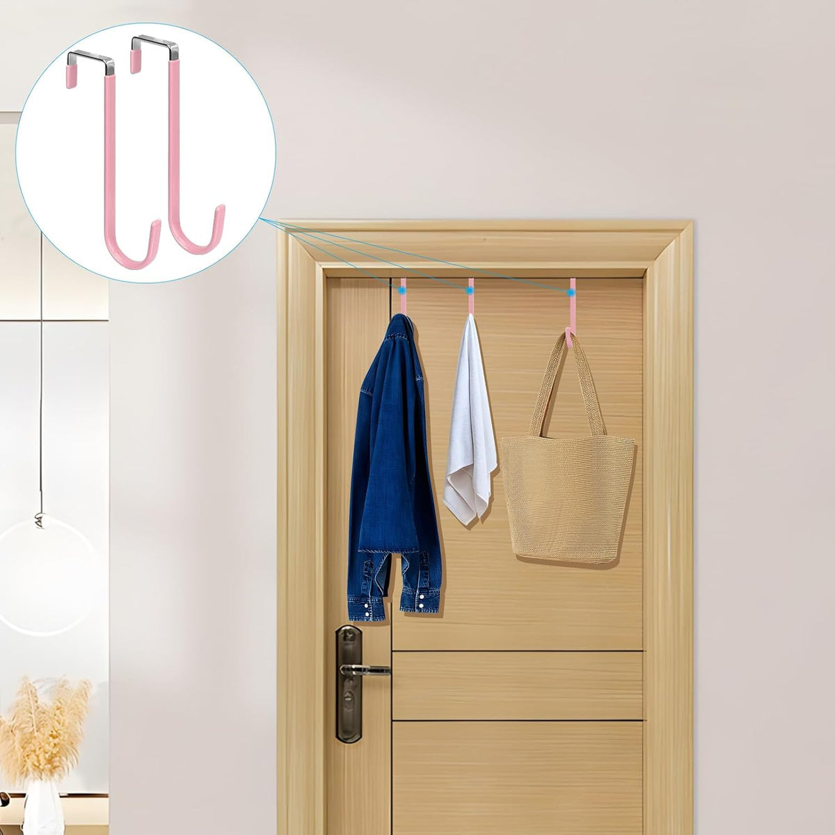 FYY Over The Door Hooks, 4 Pack Upgraded Long Door Hangers Hooks with Rubber Prevent Scratches Heavy Duty Organizer Hooks for Hanging Clothes, Towels, Hats, Coats, Bags Pink