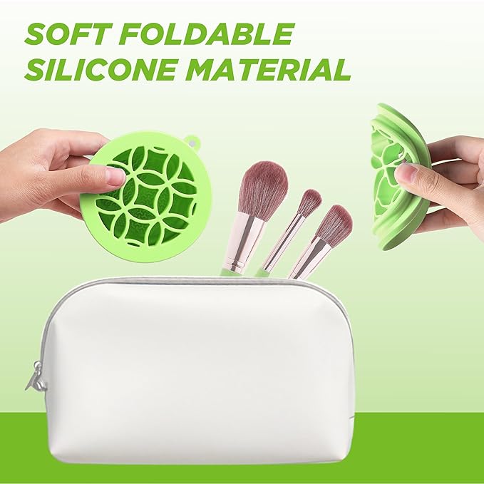 Makeup Brush Cleaner - Foldable Silicone Makeup Brush Cleaner Mat with Brush Storage Holder Makeup Brush Cleaning Bowl Cosmetic Brush Washing Tool for Cleaning Organizer and Drying (Green)