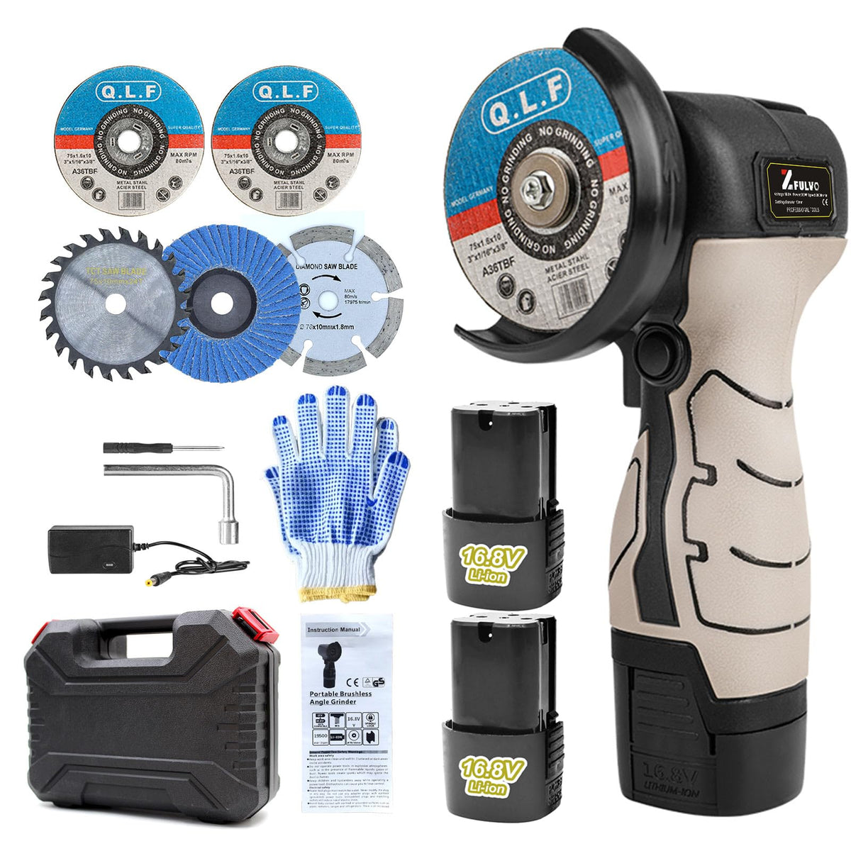 ZFULVO Cordless Brush Angle Grinder Kit, 19500rpm Mini Electric Angle Grinding Tool with 2pcs 16.8V 2000mAh Batteries and 5-Cutting Discs, Grinder Handheld Cutter for Metal Wood