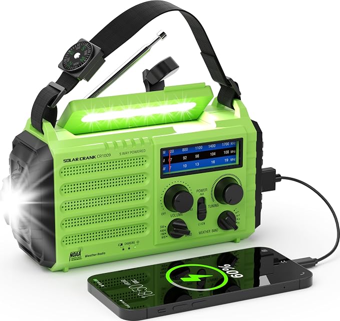 NOAA-Certified Emergency Weather Radio, AM/FM Portable Solar Hand Crank Powered with Flashlight & Reading Lamp for Emergency, Rechargeable Battery, SOS Alarm, Cell Phone Charger for Outdoor & Home Use