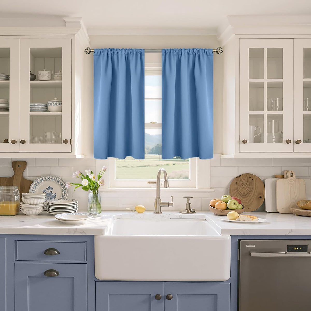 BGment Denim Blue Blackout Curtains for Kitchen Bathroom Window 34 x 40 Inch Long - Half Window Drapes with Rod Pocket Thermal Insulated Privacy for RV Cafe Bedroom, 2 Panels