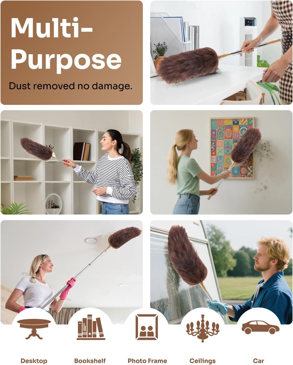 Extendable Lambswool Duster 30-100 Inch, Stainless Steel Long Handle Duster, Natural Feather Duster for Cleaning High Ceilings, Fans, Bookshelves, Interior, Cars