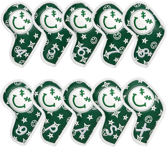 Barudan Golf Iron Head Covers, Golf Iron Covers Set 10pcs #4-9 Aw, PW, SW, Xw, Fits All Brands, Green, Emoji Pattern, Hook & Loop Closure, Faux Leather Material, Golf Gifts for Men/Women Golfers