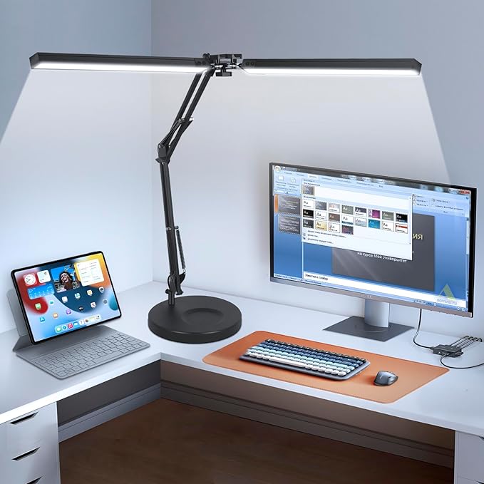 2-in-1 LED Desk Lamp, 24W Brightestwith Table Lamp with Clamp, Desk Light with Flexible Swing Arm,3 Color Modes Stepless Dimmable Double Head Architect Desk Lamps for Home Office Workbench Reading