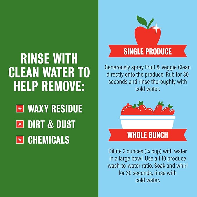 Rebel Green Fruit & Veggie Clean — Plant-Based Produce Cleaner—Natural Fruit and Vegetable Wash with No Aftertaste — Chemical & Wax Removal — Made with Organic Extracts of Citrus — Half Gallon