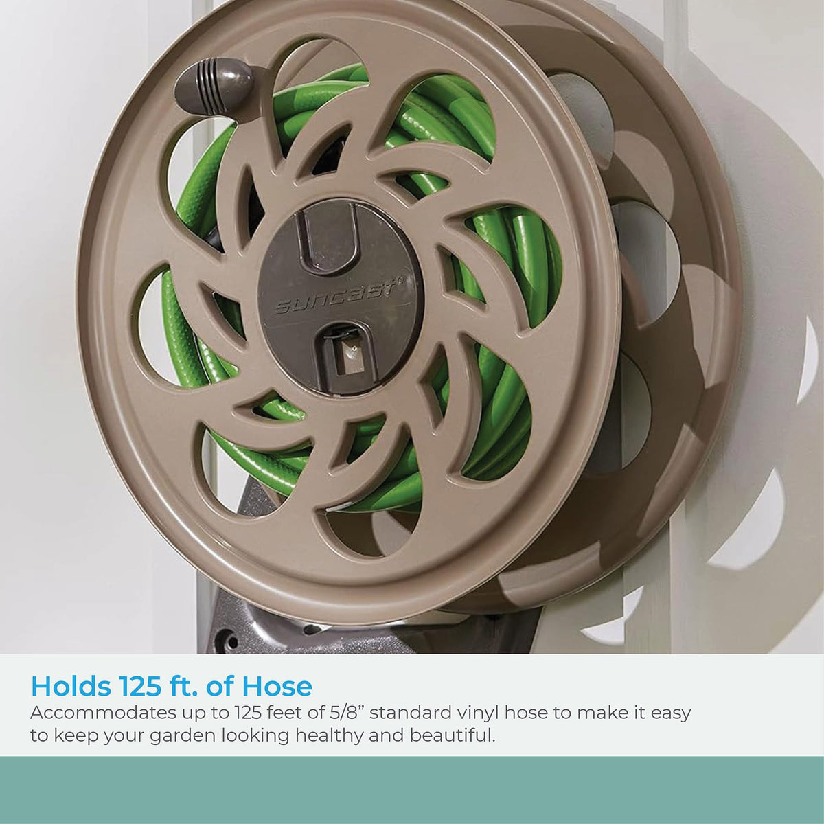 Suncast 125 ft. Sidetracker Wall Mount Garden Hose Reel with Guide, Dark Taupe