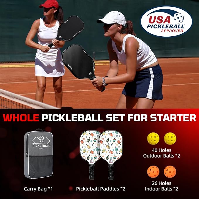 BAGAIL Pickleball Paddles, USAPA Approved Fiberglass Surface Pickleball Set, Lightweight Pickle Ball Rackets with 4 Balls, 1 Bag, Designed in California for Traction and Stability
