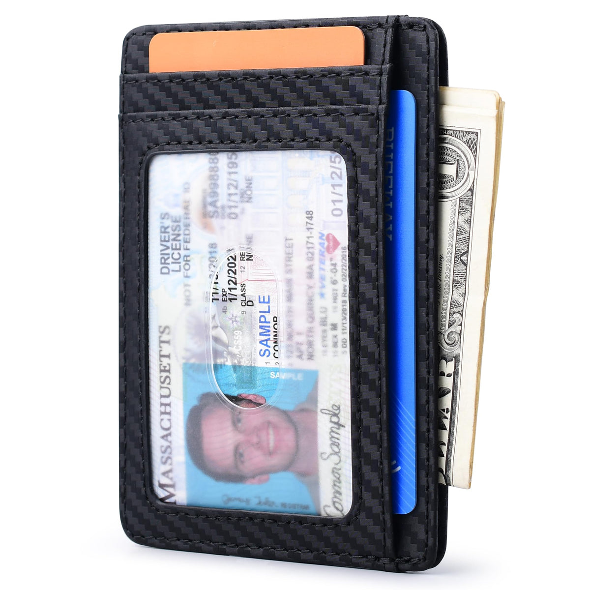 Buffway Slim Minimalist Front Pocket RFID Blocking Leather Wallets for Men and Women - Carbon Fiber Black