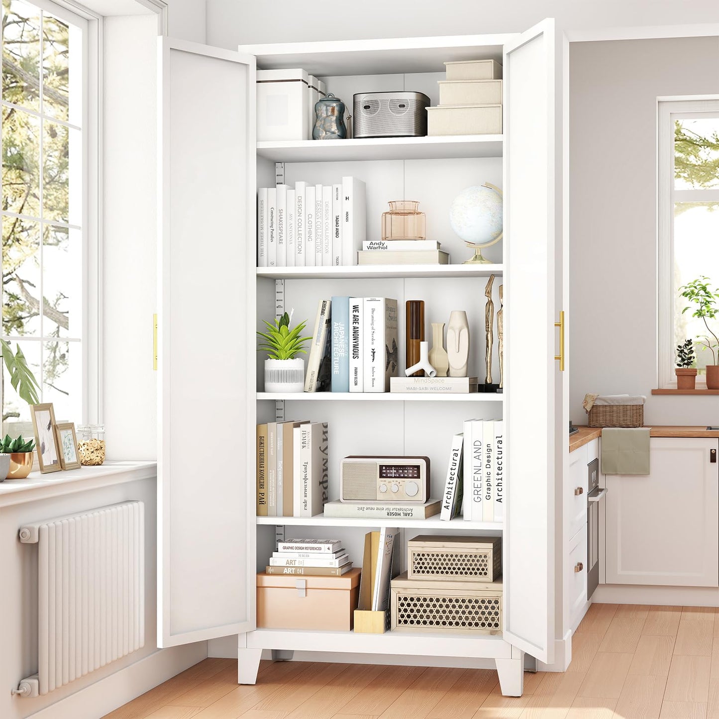 Zevemomo 71" Metal Pantry Cabinet with 4 Adjustable Shelves and 2 Doors, Freestanding Kitchen Storage Cabinet, Tall Steel Cupboard for Kitchen, Pantry, Dining Room, Living Room, Office, White