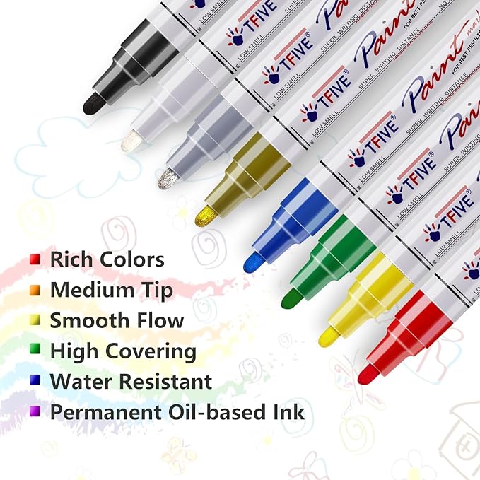 TFIVE Paint Markers Pens Set, 8 Color Oil-Based Permanent Paint Marker, Medium Tip, Quick Dry and Waterproof Pen for Rock Painting, Ceramic, Wood, Fabric, Plastic, Canvas, Glass, Mugs