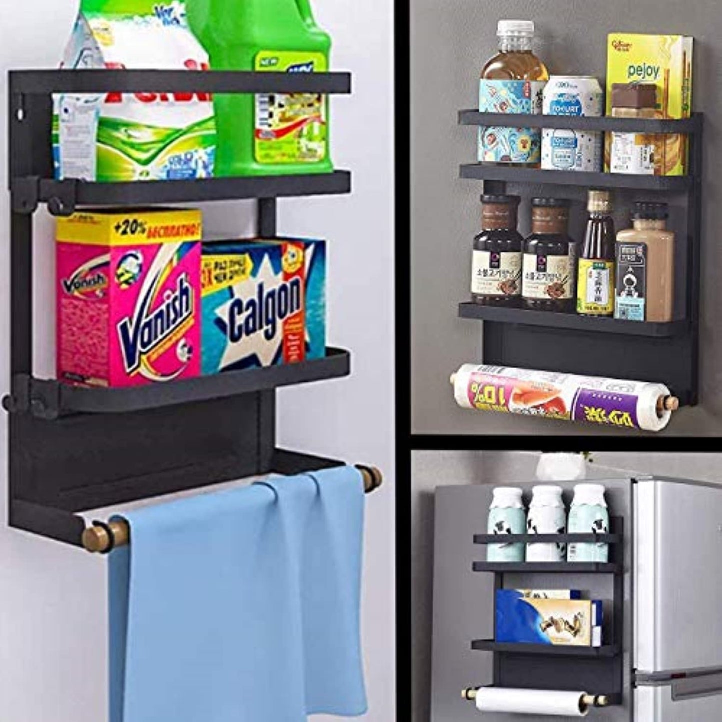 Dr.BeTree Magnetic Spice Rack for Refrigerator Magnetic Paper Towel Holder for Fridge Magnetic Shelf Magnetic Shelves Fridge Magnet Organizer Spice Rack Kitchen Organization Kitchen Storage Black