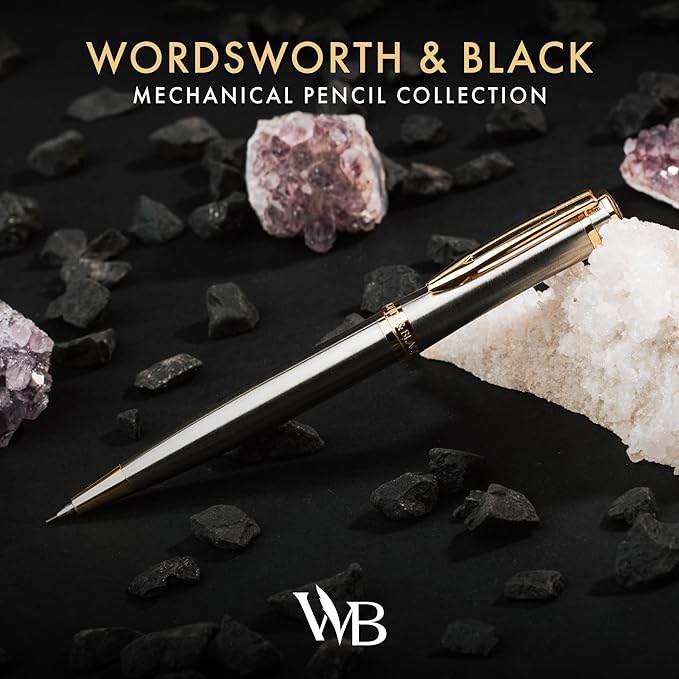 Wordsworth and Black Mechanical Pencil Graphite Lead- Stunning Luxury Metal Pencil, Silver Chrome 24K Gold Finish, 0.7mm Led, Best Gift Set for Men & Women, Professional Executive Office Pencils