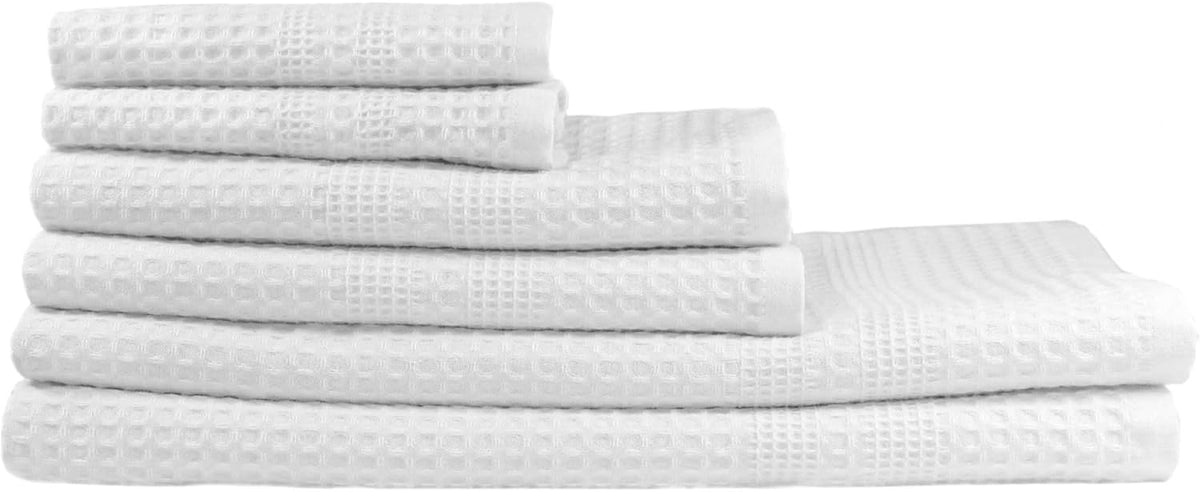 GILDEN TREE Waffle Towel Set Quick Dry Thin | 2 Bath Towels | 2 Hand Towels | 2 Washcloths, Classic Style (White)