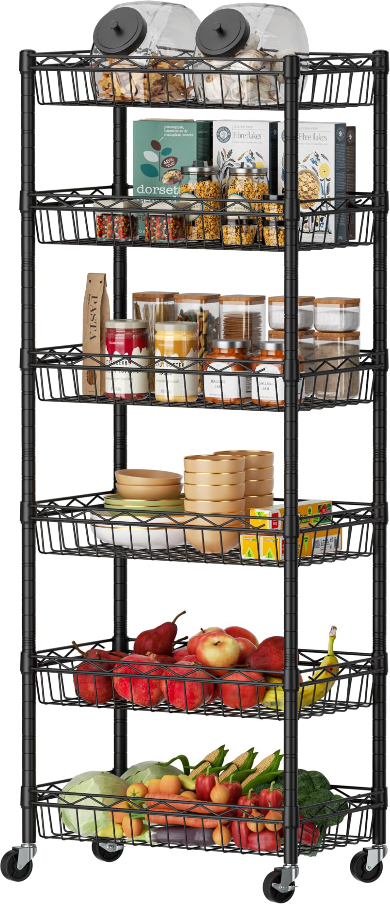 SINGAYE 6 Tier Basket Shelf Wire Shelving Unit Adjustable Storage Shelves Big Basket Rack for Garage Kitchen Office Pantry Corner 17" Dx12 Wx63 H Black