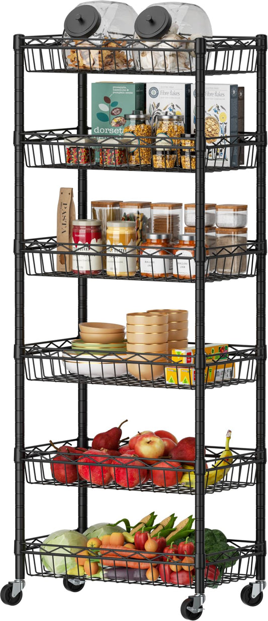 SINGAYE 6 Tier Basket Shelf Wire Shelving Unit Adjustable Storage Shelves Big Basket Rack for Garage Kitchen Office Pantry Corner 17" Dx12 Wx63 H Black