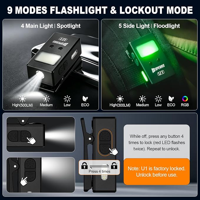 Speras U1 EDC Clip-on Flashlight, 500 Lumens Rechargeable Magnetic IP65 | Hands-Free Flat Pocket Light, Spot/Flood/RGB Modes, Waterproof Mini USB-C Sensor Work Light for Camping, Cycling, Emergencies