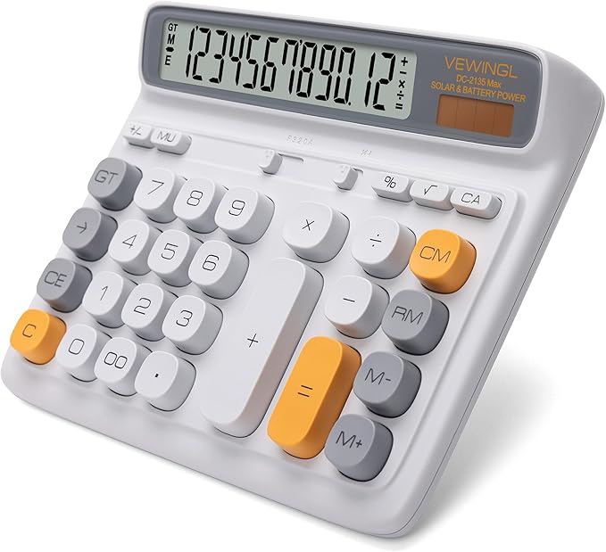 VEWINGL Desktop Calculator, 12-Digit Large LCD Display, Big Computer-Style Keys, Dual Power (Solar & Battery), Auto Sleep Mode, for Office, School, Home & Business 7.5″ x 6.1″ (Gray, L)