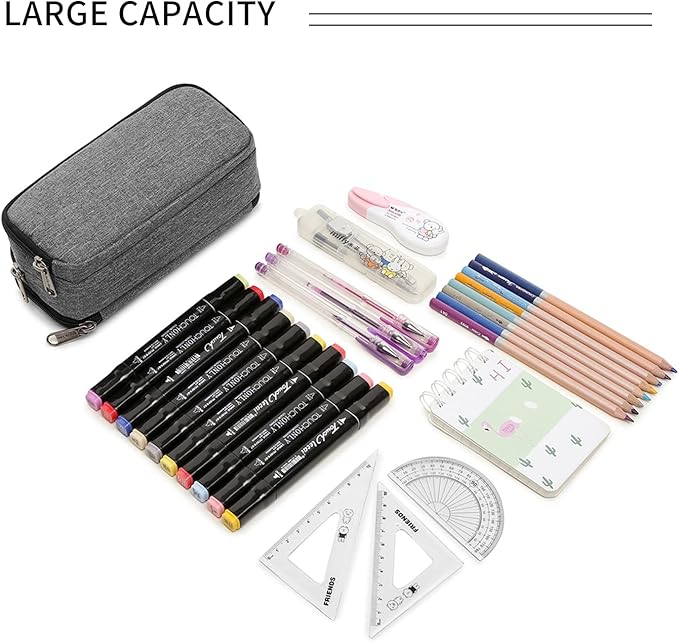 Della Gao Big Capacity Pencil Case, Aesthetic Pencil Pouch with 3 Compartments Large Pencil Bag Nylon Storage Pen Bag Office Stationery Organizer for Women and Men - Grey