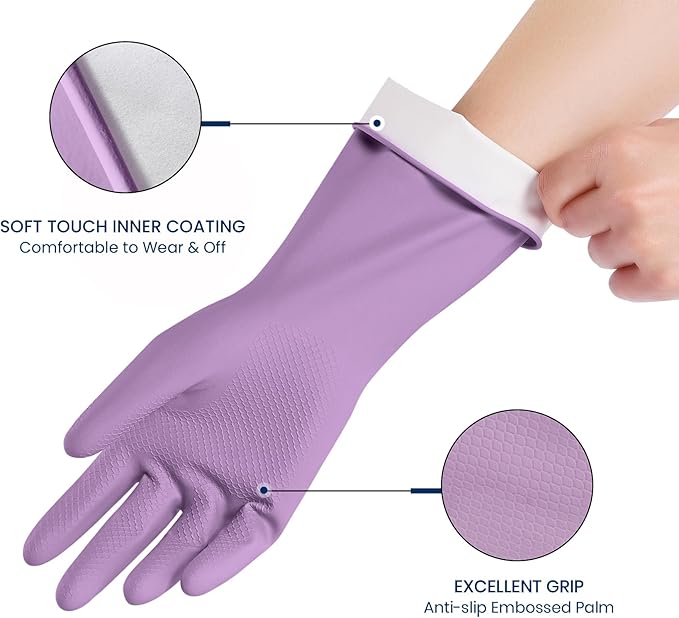 Rubber Cleaning Gloves for Dishwashing, 4 Pairs Reusable Kitchen Gloves for Washing Dishes and Household Cleaning, Purple Dish Gloves with Flocked Lining and Non-Slip Grip, Pefect for Woman Men - L