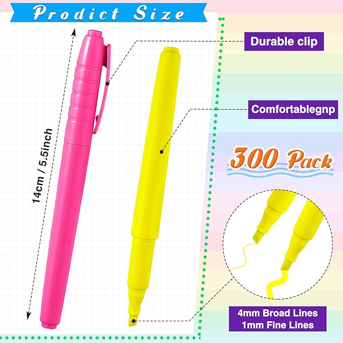 Seajan 300 Bulk Pack Highlighter Markers Chisel Tip Highlighter Pens Bright Colors Quick Drying Markers for Adults Highlighting in the Home Office(Multi Colors)