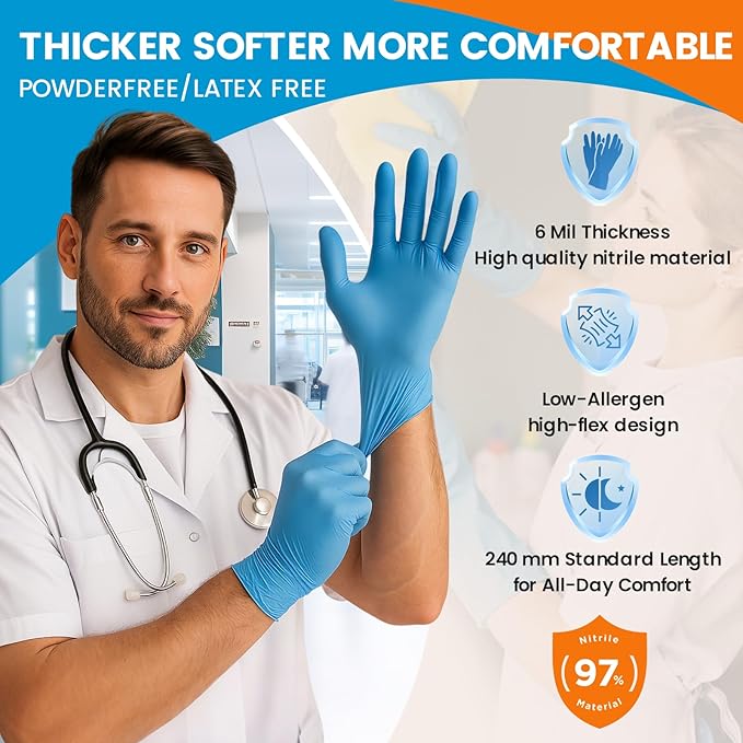 6 mil Disposable Nitrile Gloves, Heavy Duty Disposable Glove, Cooking Gloves, Latex Free, Powder Free